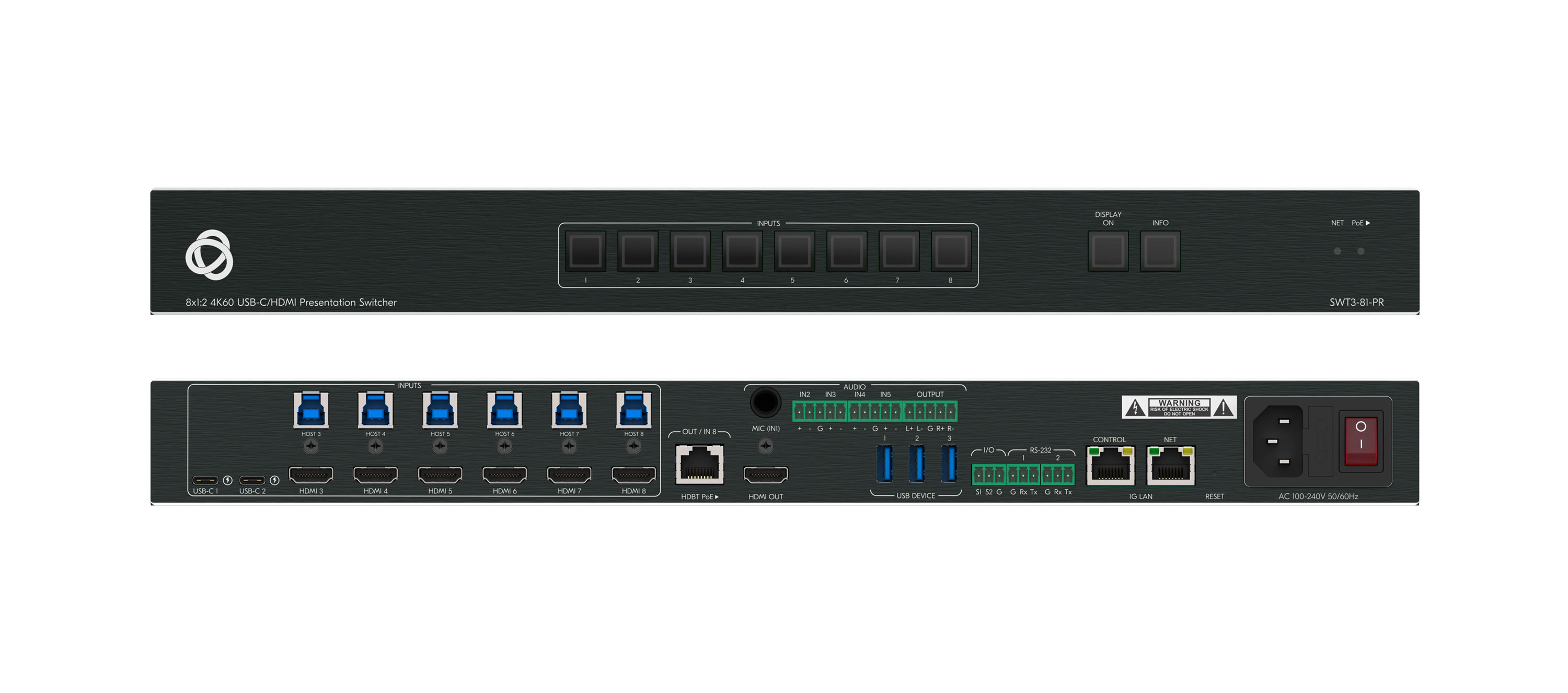 SWT3-81-PR 8x1:2 4K60 USB–C/HDMI Presentation Switcher